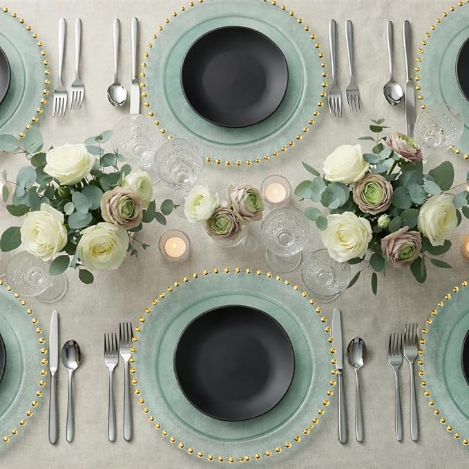 PLASTICPRO Translucent Green with Gold Rim Plastic Charger Plates with Beaded Edge – Pack of 4 – 13" Elegant Round Disposable Chargers for Weddings, Events, Parties, and Dinners