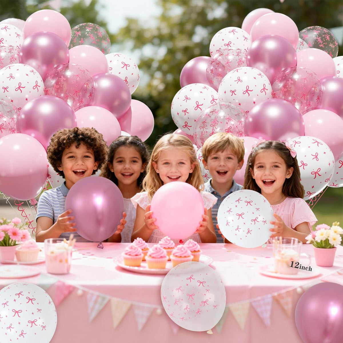Patimate Pink Bow Balloons Set, 50 pcs 12 inch Metallic Pastel Pink White Transparent Bow Print Balloons Kit for Coquette Birthday Baby Shower for Girls Women Wedding Bridal Shower Party Decorations