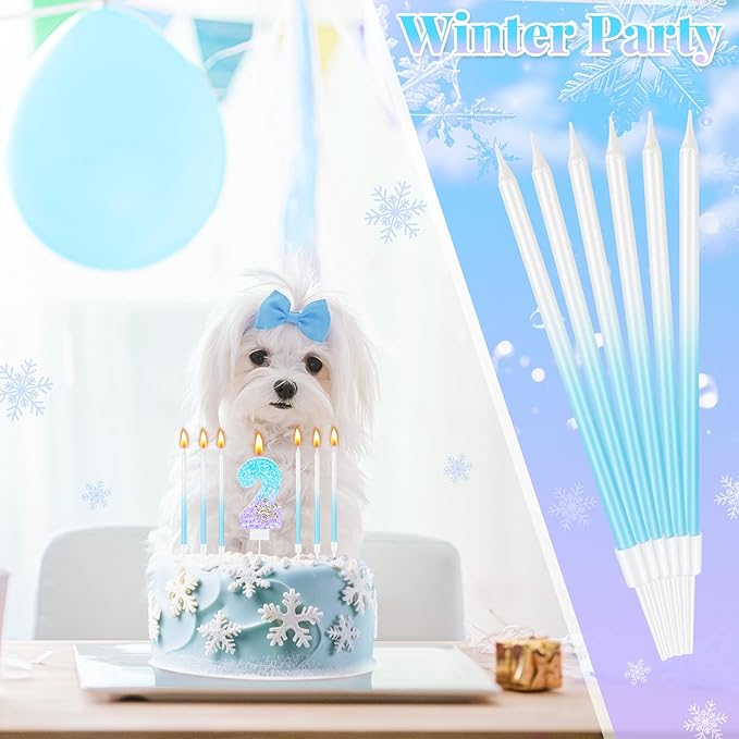 MTLEE Number 2 Birthday Candle Blue Snowflake with 6 Long Thin Cupcake Candles Blue Sparklers Glitter Number Happy Birthday Cake Topper Decorations for Winter Party Supplies