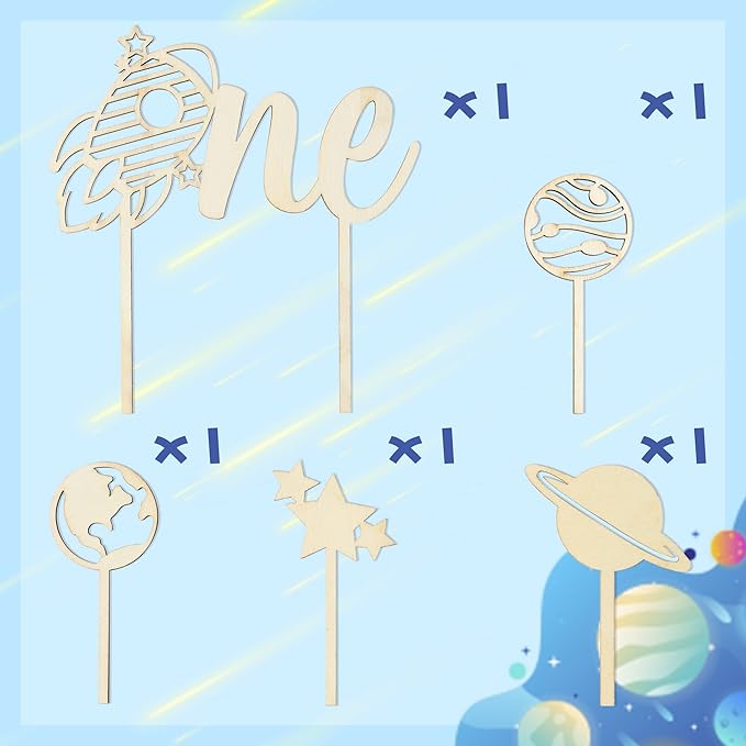 Birthday Cupcake Toppers Decorations - 5 Pcs Outer Space Wood ONE Cake Toppers Kids' 1st Birthday Baby Shower Party Cake Toppers Glitter Star Planet Cake Picks Decorations Featuring Food Safe