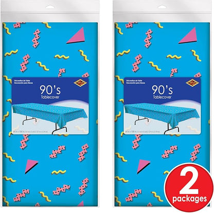 Beistle 90s Party Tablecovers, 2-Pack Plastic Rectangular Tablecloths, 1990’s Themed Table Decor for Birthday Parties, Throwback Events, and Retro Celebrations, Pastel Blue, 54" x 108
