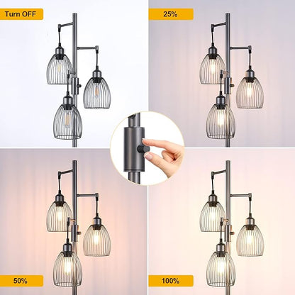 Nintiue Dimmable Floor Lamp, 3 x 800LM LED Edison Bulbs Included, Industrial Floor Lamp Standing Tree Lamp with Elegant Teardrop Cage Heads Tall Lamps for Living Room Bedroom-Grey