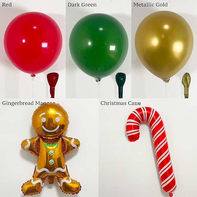 PartyXpress 135PCS Christmas Balloon Arch Garland Kit with Dark Green Red Gold Cane Gingerbread Man Balloons for Xmas Party Backdrop, Holiday Birthday Decorations, Christmas Garland Indoor