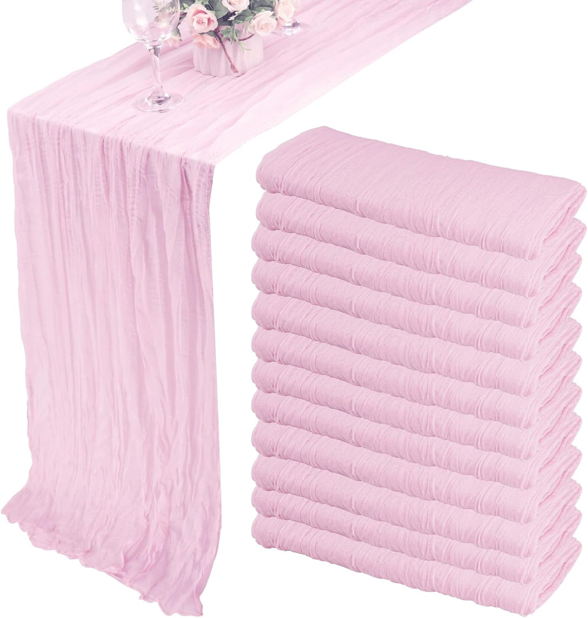 12 Pack 10Ft Cheesecloth Table Runner 35x120 Inch Boho Gauze Table Runner Rustic Cheese Cloth Long Romantic Table Runners for Wedding Bridal Shower Birthday Party Table Decor (Pink Purple)