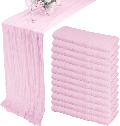 12 Pack 10Ft Cheesecloth Table Runner 35x120 Inch Boho Gauze Table Runner Rustic Cheese Cloth Long Romantic Table Runners for Wedding Bridal Shower Birthday Party Table Decor (Pink Purple)