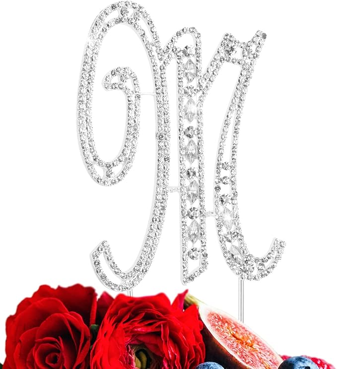 LINGPAR Letter M Cake Topper Rhinestone Crystal Silver Letter for Wedding or Anniversary Birthday Party Decoration Supplies