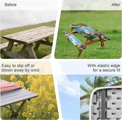 ANNA QUEEN Hot Air Balloon Summer Flower Picnic Table Cover 6FT with Bench Covers Picnic Table Cover Set 3PCS 72"x30", Outdoor Bench and Tablecloth Furniture Protection
