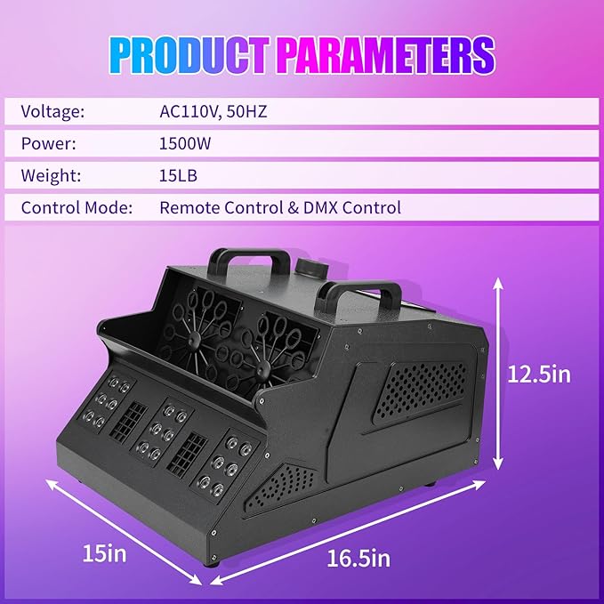 1500W Fog Bubble Machine 18 RGB Lights Smoke Machine with 2 Bubble Fans DMX Control for Party Wedding Indoor DJ Halloween Chirstmas Outdoor
