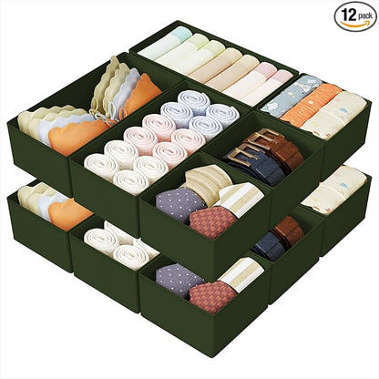DIMJ Drawer Organizers Clothes, Set of 12 Dresser Organizer Bins, Fabric Closet Organizers and Storage, Shallow Drawer Dividers for Nursery, Clothing, Baby Clothes, Socks, Underwears, Tie (Green)