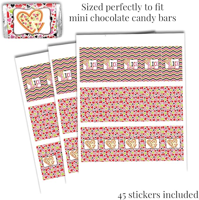 Amanda Creation Cute Heart Shaped Pizza Valentine's Day Birthday Party Sticker Bundle Kit 429 pieces! Includes 2" Circle Stickers for Favors, Mini Candy Bar Wrappers & Round Candy Kiss Stickers