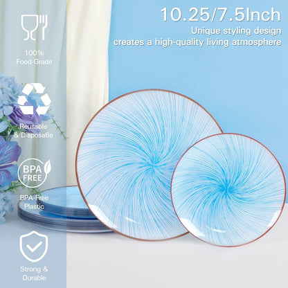 LIYH 60 Pcs Blue Plastic Combo Plates Set - Heavy Duty Light Blue Scalloped Plastic Disposable Plates for Party - 10.25" Dinner & 7.5" Dessert Plate 30 Guests