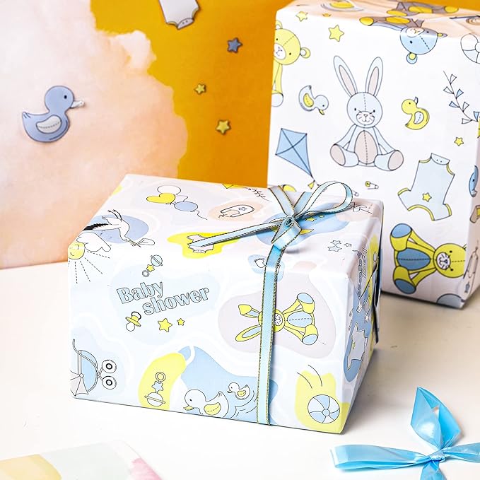 WRAPAHOLIC Baby Boy Wrapping Paper Sheet - 12 Sheets Cute Bear and Small Pin Design Folded Flat for Baby Showers, Celebration, Party - 19.7 Inch x 30 Inch Per Sheet