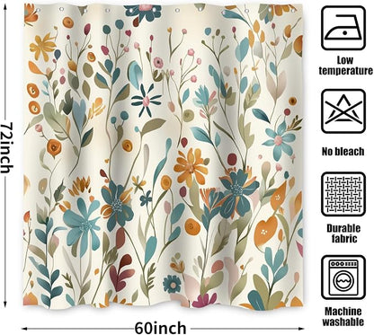 Colorful Floral Shower Curtain, Wildflower Plant Leaves Cute Flower Spring Herbs Waterproof Fabric Machine Washable for Bathroom Bathtub Decor with Hooks 60Wx72H