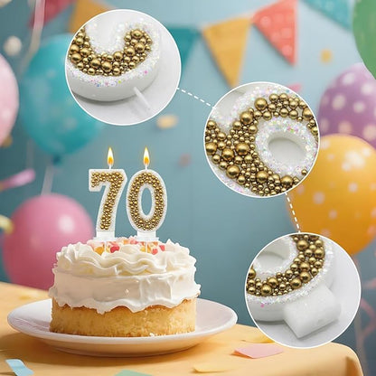 70 Birthday Number Candle for Cake, Glitter Number Candle with Gold Beads, Decorative Cake Topper for Milestone Celebrations
