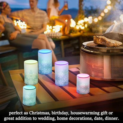 Silver Winter Teal Turquoise Snowflakes Christmas Flickering Flameless Candles Battery Operated with Remote Timer,Tea Light Candles LED Pillar Votive Candles set of 2 for Outdoor Indoor Decorations