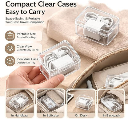 Cable Organizer Storage Box with 8 Wire Ties and Label Stickers,Desktop Charger Cable Management Box with Switch, Cord Organizer for Office,Home,Desk Accessories Storage Stationery Supplies（Clear）