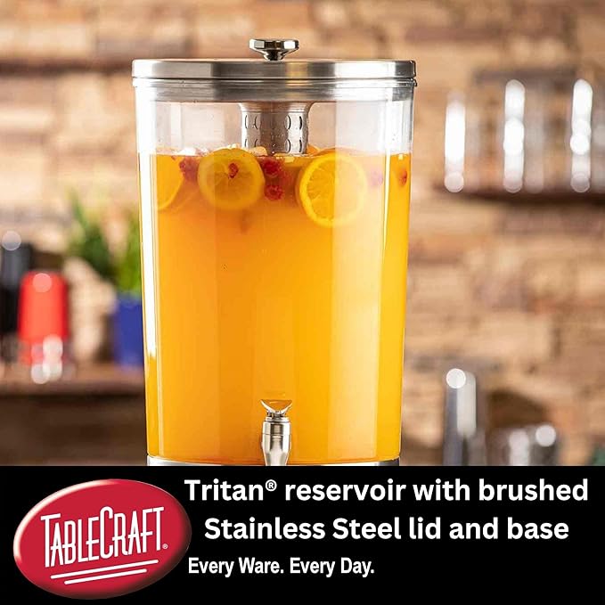 TableCraft 10451 Upscale Beverage Dispenser, 4-1/2" Gallon, Stainless Steel with Nickel Plated ABS Faucet, Tritan Reservoir, Stainless Steel Base