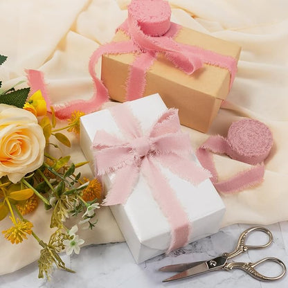 Pink Cotton Ribbon 5/8 Inch Pink, Baby Pink & Dusty Rose 3 Rolls 21 Yards Frayed Edge Fabric Set for Wedding Invitations, Bridal Shower, Baby Shower Decor, Bouquet Wrap & Gift Wrapping