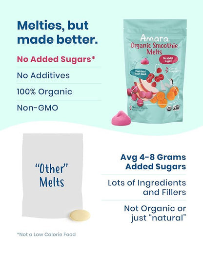 Amara Smoothie Melts - Carrot Raspberry - Baby Snacks Made With Fruits and Vegetables - Healthy Toddler Snacks For Your Kids Lunch Box - Organic Plant Based Yogurt Melts - 6 Resealable Bags