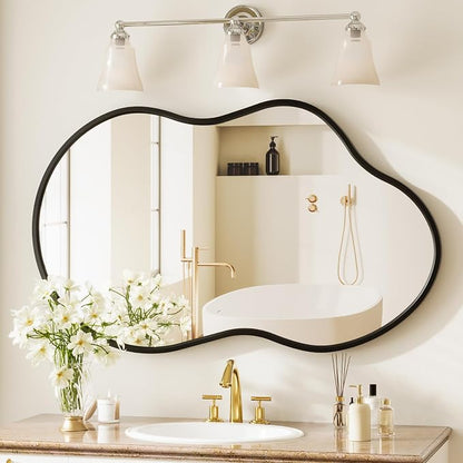 40”x 24” Irregular Wall Mirror, Large Bathroom Mirror, Abstract Black Framed Mirrors, Asymmetrical Wavy Decor Mirrors for Bathroom Living Room Bedroom Entry Way (Horizontal/Vertical)