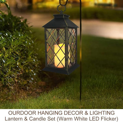 13.5" Outdoor Candle Lantern Decorative with LED Pillar Candle Battery Powered (Distressed Gold, 6hr Timer) - IP44 Waterproof Decorative Tabletop Lanterns Hanging Lanterns Indoor Outdoor