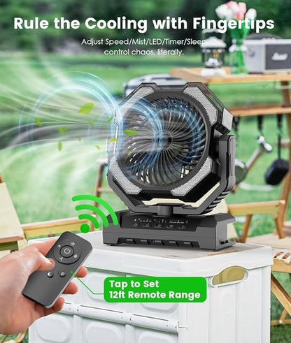 Camping Misting Fan - Portable Rechargeable Fan with 8.9oz Tank, Light, Hook - Battery Power 120H MAX Working, Fast Cooling, 4 Speed, Timer, Sleep Mode, for Outdoor, Travel, Patios, Beach