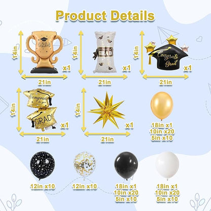 Graduation Balloon Arch Kit Black Gold White Grad Balloons with Explosion Star,Diploma,Trophy,Grad Hat Foil Balloon for Class of 2026 Graduates Celebration Party Decoration (Graduation Black)
