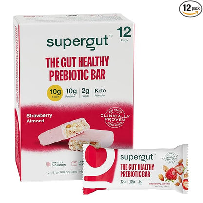 Supergut GLP-1 Boosting Prebiotic Bars, Strawberry Almond - Gut Healthy Protein Snacks & Breakfast Bars - Keto-Friendly Meal Replacement Energy Bars for Gut Health (12 Count)