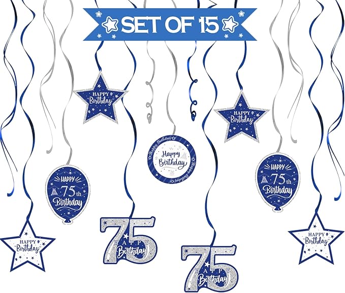 Happy 75th Birthday Blue & Silver Glitter Swirls Streamers Party Decorations - 15 Pcs 75th Birthday Hanging Swirls Streamers Kit,Perfect for 75th Bday Party Sign.