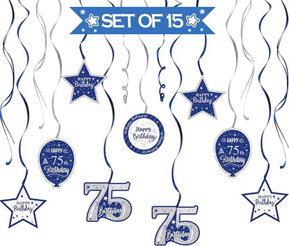 Happy 75th Birthday Blue & Silver Glitter Swirls Streamers Party Decorations - 15 Pcs 75th Birthday Hanging Swirls Streamers Kit,Perfect for 75th Bday Party Sign.
