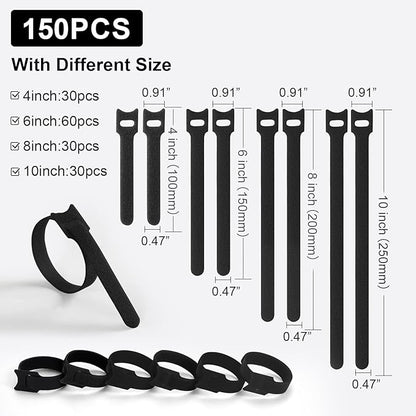 150PCS Cable Ties, 4+6+8+10 inch Cable Ties for Cable Management, Adjustable Fastening, Multi-Purpose Reusable Hook and Loop for Home, Office and Garage，Black
