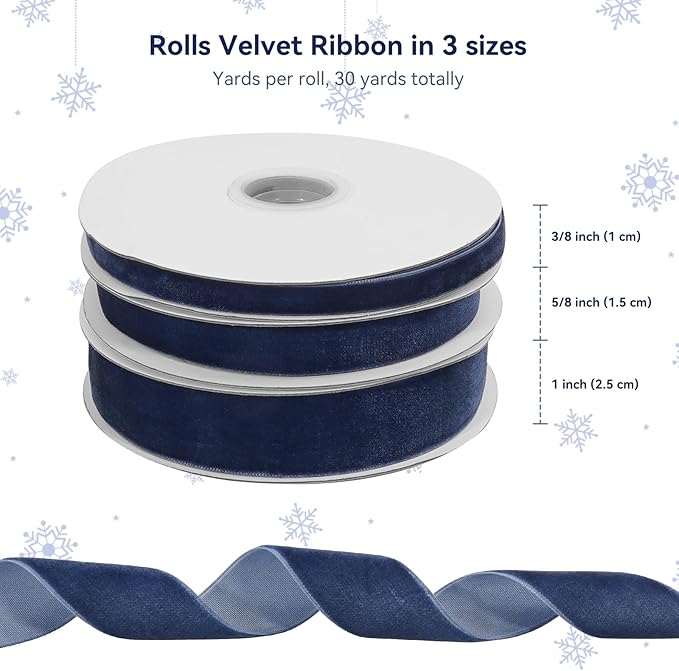 Navy Blue Velvet Ribbon for Gift Wrapping, 3 Rolls Vintage Thin Velvet Ribbon Set for Christmas Tree Decoration, 3/8, 5/8, 1 inch Wide, 30 Yards Totally, Thick Christmas Ribbons for Bow Ornaments