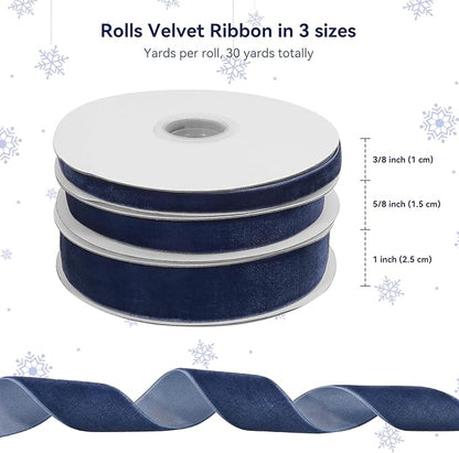 Navy Blue Velvet Ribbon for Gift Wrapping, 3 Rolls Vintage Thin Velvet Ribbon Set for Christmas Tree Decoration, 3/8, 5/8, 1 inch Wide, 30 Yards Totally, Thick Christmas Ribbons for Bow Ornaments