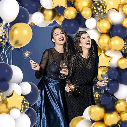 Navy Blue Gold Balloon Garland Arch Kit, 122PCS White Navy Blue Balloons Night Blue Metallic Gold Confetti Balloonsfor Men Women Birthday Baby Shower Retirement Anniversary Graduation Party Decoration