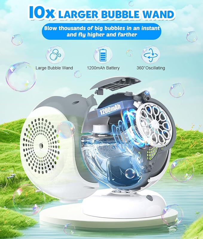 Rechargeable Bubble Machine - Auto 360° Rotation, 75° Tilt Range, 10 Large Wands - Bubbles Blower Maker for Kids, Toddlers, Outdoor Play, Wedding, Birthday, Parties, Gifts Toys for Boys, Girls