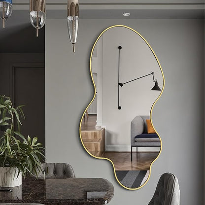 Irregular Wall Mirror, 46.5"x24" Asymmetrical Decorative Accent Mirror with Gold Metal Frame, Large Organic Shape Mirrors for Entryway Bedroom Living Room, Horizontal or Vertical Hanging
