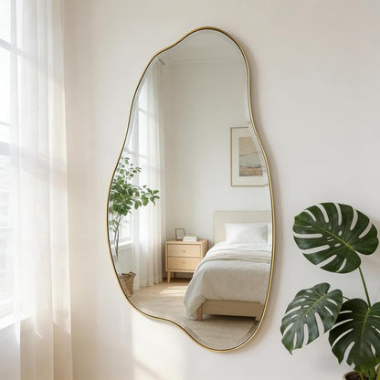 POZINO Large Irregular Beveled Mirror, 53.5"x27" Asymmetrical Wall Mirror with Gold Metal Frame, Organic Shape Mirrors for Entryway Bathroom Bedroom Hallway Living Room, Horizontal or Vertical Hanging