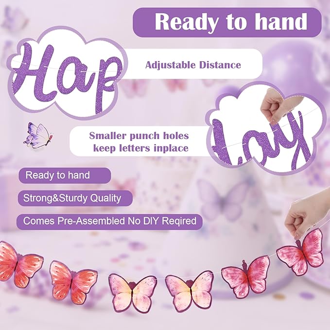 AmazingSpark 25 Pcs Purple Butterfly Birthday Party Set Includes 24 Cone Hats with Pompoms and 1 Happy Birthday Banner for Butterfly Themed Parties Baby Showers Photo Props Decorations