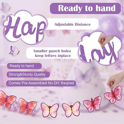AmazingSpark 25 Pcs Purple Butterfly Birthday Party Set Includes 24 Cone Hats with Pompoms and 1 Happy Birthday Banner for Butterfly Themed Parties Baby Showers Photo Props Decorations