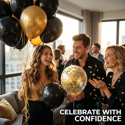 60pcs Black & Gold Balloon Kit, 12 Inch Metallic Gold & Black Gold Confetti Balloons for Graduation 2026 Men’s Milestone Birthday New Year’s Eve Party Decorations (with Ribbons & Glues)