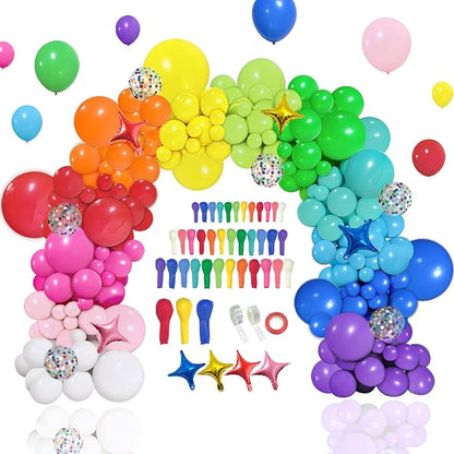 PERPAOL 146pcs Rainbow Balloon Arch Kit, 12 Assorted Multicolor Balloons for Birthday Party, Anniversary, Festival, Carnival Circus Decoration with Star Foil Confetti Balloons