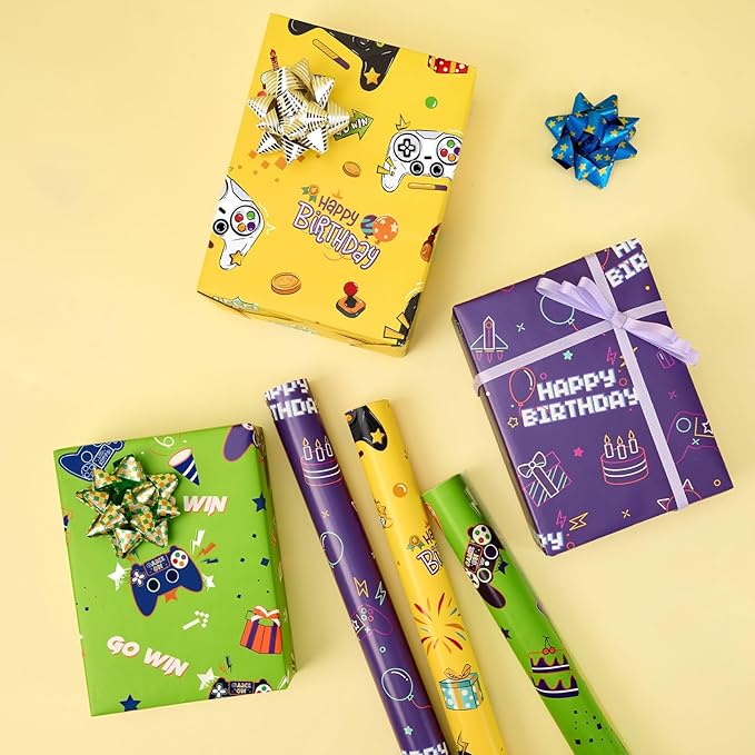 WERNNSAI Gaming Wrapping Paper Rolls - 3 Short Rolls 17 in x 120 in Video Game Wrapping Paper for Kids Boys Birthday Gamer Theme Party Decorative Gift Packing Paper Supply Green Yellow Purplewith Cut Lines
