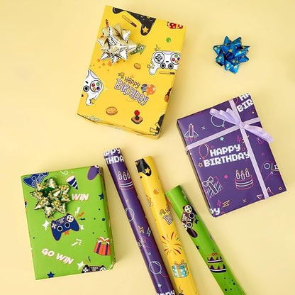 WERNNSAI Gaming Wrapping Paper Rolls - 3 Short Rolls 17 in x 120 in Video Game Wrapping Paper for Kids Boys Birthday Gamer Theme Party Decorative Gift Packing Paper Supply Green Yellow Purplewith Cut Lines