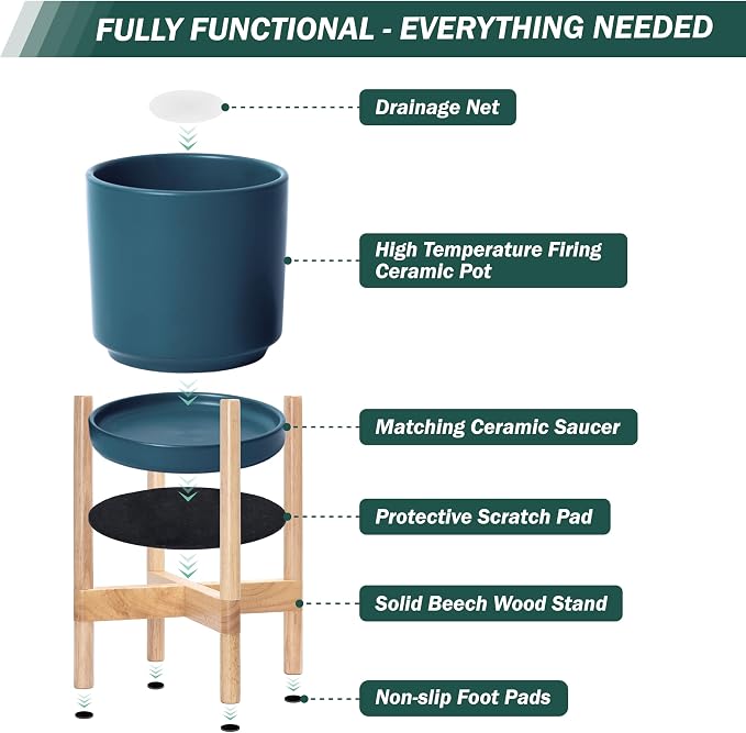 D'vine Dev Ceramic Planter with Natural Stand - 14 Inch Modern Round Flower Pot with Wood Planter Holder, Teal, 55-B-R-4
