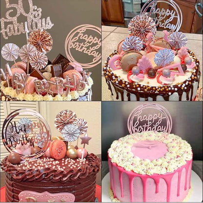 Cake Topper Decoration Set Acrylic Glitter Happy Birthday Cake Topper with Confetti Balloon Paper Fans Firework Cupcake Toppers for Rose Golden Theme Decor Women Birthday Party Supplies (Rose Gold)