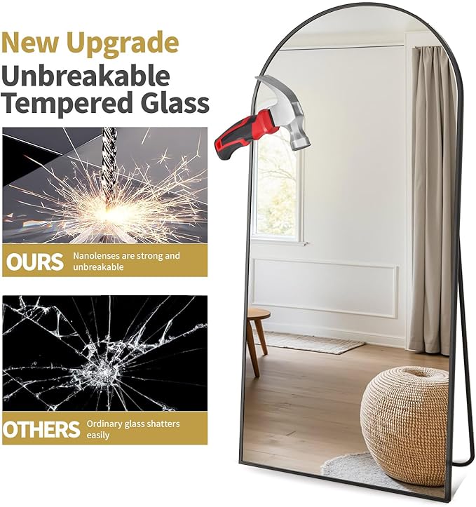 Dewfig Arched Full Length Mirror, 64"x20" Gold Mirror with Stand, Full Body Mirrors for Leaning Against or Wall Mounted, Large Floor Mirrors for Bedroom, Living Room, Black