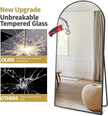 Dewfig Arched Full Length Mirror, 64"x20" Gold Mirror with Stand, Full Body Mirrors for Leaning Against or Wall Mounted, Large Floor Mirrors for Bedroom, Living Room, Black