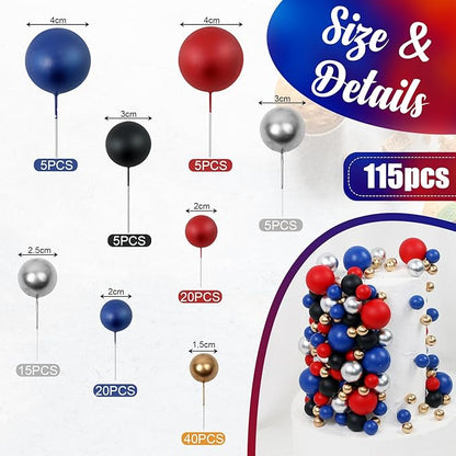 115 PCS Ball Cake Toppers - Mini Balloon Cake Decorations Foam Ball Cupcake Picks DIY Cake Insert Toppers for Birthday Party Wedding Baby Shower (Blue,Red,Black,Silver)