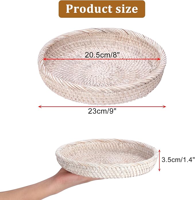 Hipiwe Round Key Bowl for Entryway, 9" Decorative Rattan Tray Woven Wicker Storage Holder Serving Basket Tray for Fruit Snacks Candy, Whitewash