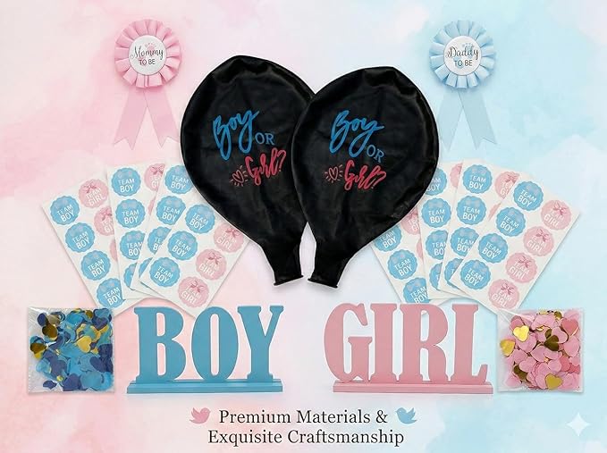 Gender Reveal Kit with 2 Giant 36" Balloons, 100 Voting Stickers, Mommy and Daddy to Be Pins, BOY and GIRL Table Signs, Baby Shower Gender Reveal Party Supplies